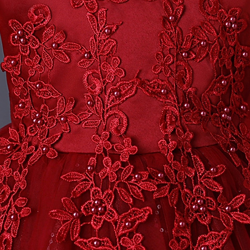 Blumenmädchenkleid Kinder Mädchen Prinzessinenkleid Leistung Hochzeit Party Elegant Schön Gitter Feste Farbe Langarm Rundhalsausschnitt Weinrot Weiß 4 Jahre + 2025 - $43.99 –P13