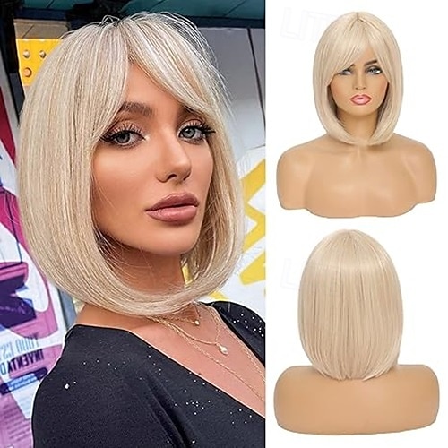 perruque bob avec frange perruques pour femmes look naturel perruque courte avec frange super douce &perruque synthétique résistante à la chaleur avec frange latérale, perruque droite facile à porter de 2025 ? $18.99 –P2