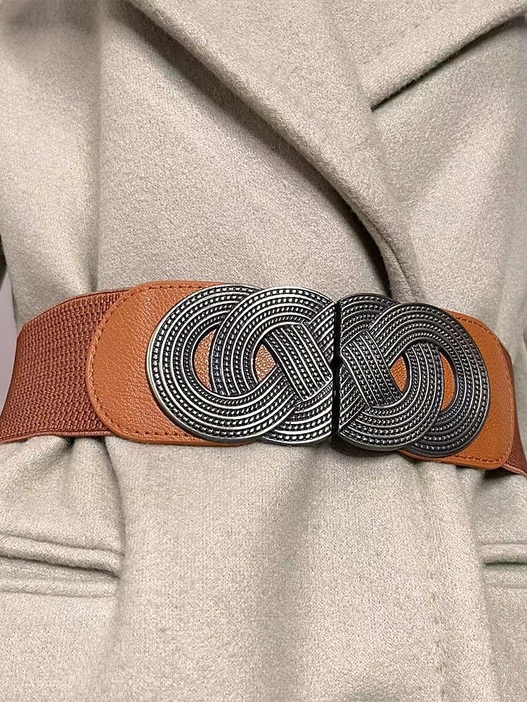 Women's Wide Elastic Waist Belt with Vintage Metal Buckle – Fashion Stretch Belt for Dresses, Tunics, and Blouses – Available in Black, Red, and Brown 2025 - $11.99 –P3