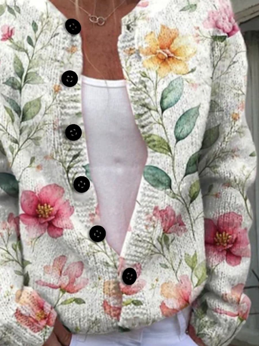 Dame Genser Kofte Fritid Myk Blomstret Riflet Crew-hals Knapper Lomme Strikket Langermet Vanlige topper Strikke utendørs Daglig Helg Svart Hvit Høst Vinter 2025 - $45.99 –P2