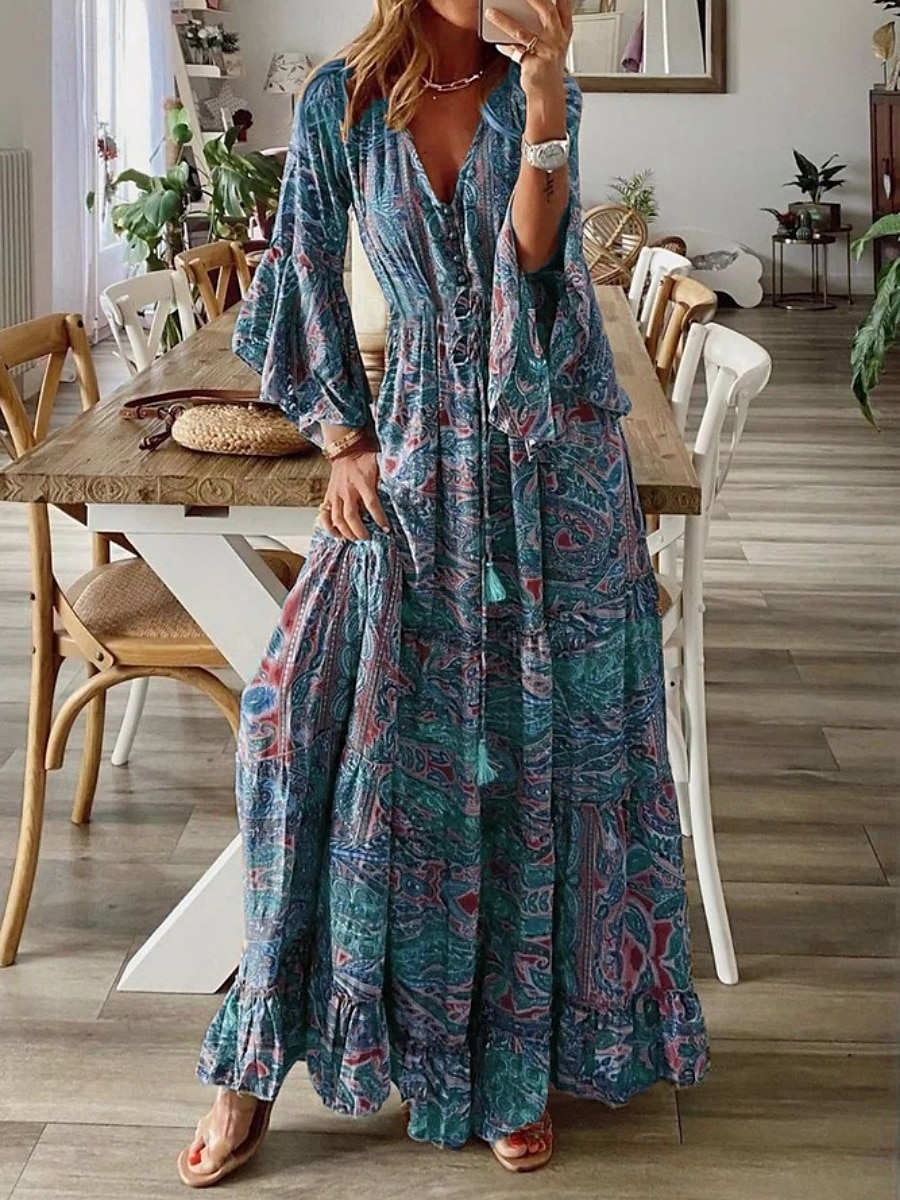 Damen Maxidress Casual kleid Schaukelkleid A Linie Kleid Boho-Kleid Brautkleider schlicht Täglich Regular Fit Blumen Langarm V Ausschnitt Rote Blau Purpur Orange Sommer Frühling Herbst 2025 - $41.99 –P2