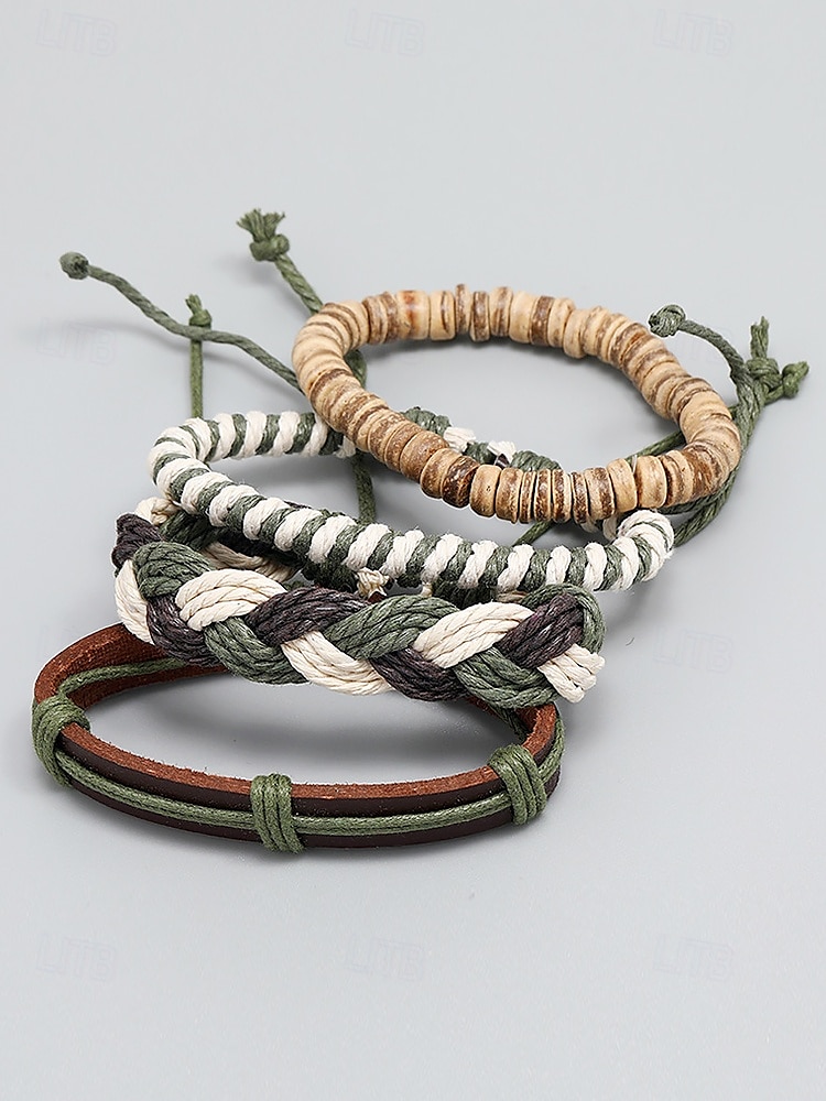 Men's Vintage Woven Bracelet Set – Multi-Layered Braided Leather and Rope Bracelets with Natural Bead Accents, Boho Style Accessory 2025 - $11.99 –P4