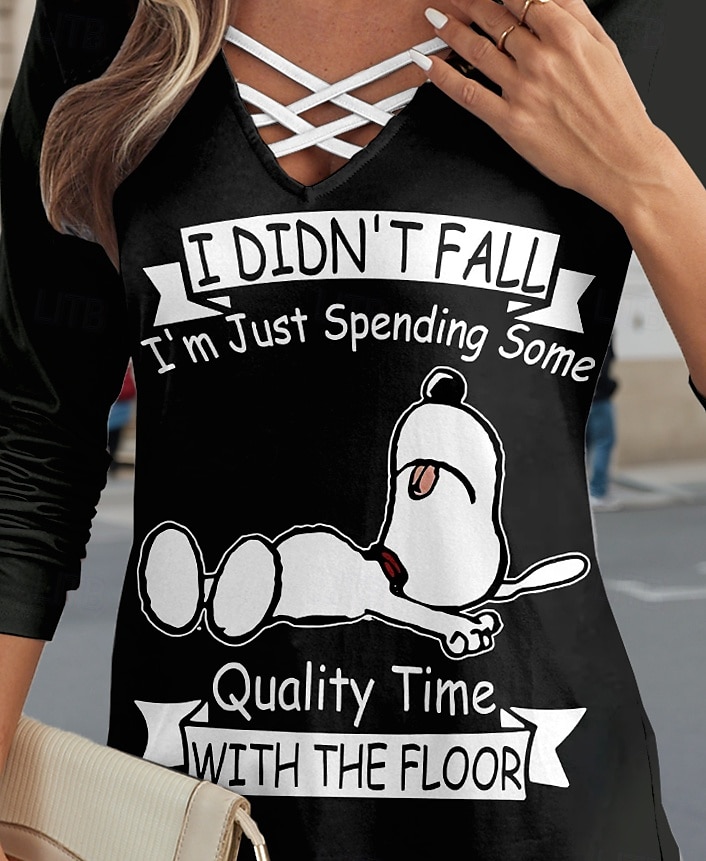 Women's T Shirt Dog Letter Casual Long Sleeve V Neck Regular Tops Daily Cut Out Print Black and White Fall Winter 2025 - $22.99 –P3