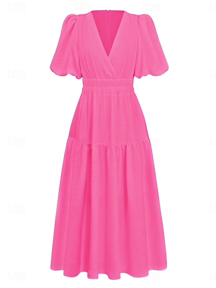 Dame Uformell kjole Maxikjole Rynket Fritid V-hals Kortermet Svart Hvit Fuksia Farge 2025 - $42.99 –P13