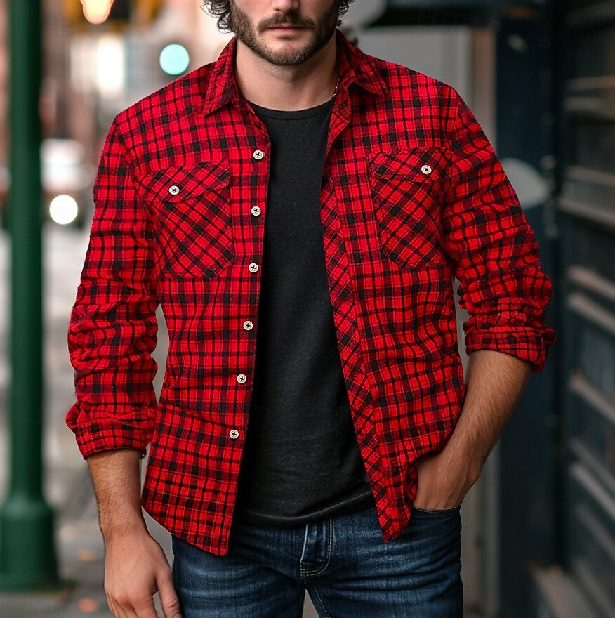 Men's Casual Shirt Overshirt Plaid Christmas Home Red Navy Blue