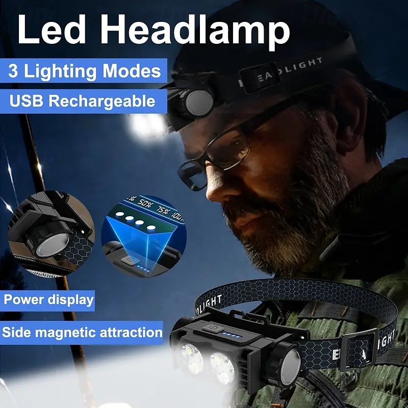 сверхлегкий налобный фонарь с зарядкой от USB и магнитом &дисплей мощности - 3 режима портативный &яркий для ночной работы похода кемпинга путешествия &прогулки с собаками (батарейки включены) 2025 - $13.99 –P3