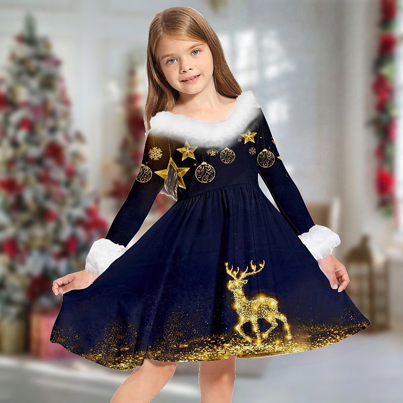 Copii Fete Rochie de Crăciun Rochie Rochie cu fulg de nea Mos Craciun Fiecare Om de Zăpadă Manșon Lung Casual Γούνινος Γιακάς Crewneck Elegant Adorabil Poliester Sub Genunchi Rochie casual Rochie 2025 - $24.99 –P3
