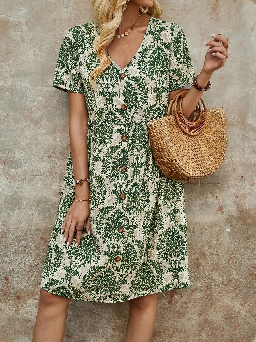 Femme Mini robe Robe casual robe boheme Rétro Vintage Décontractées du quotidien Standard Floral Manche Courte Col V Bleu Marron Vert Eté Printemps Automne de 2025 ? $35.99 –P6