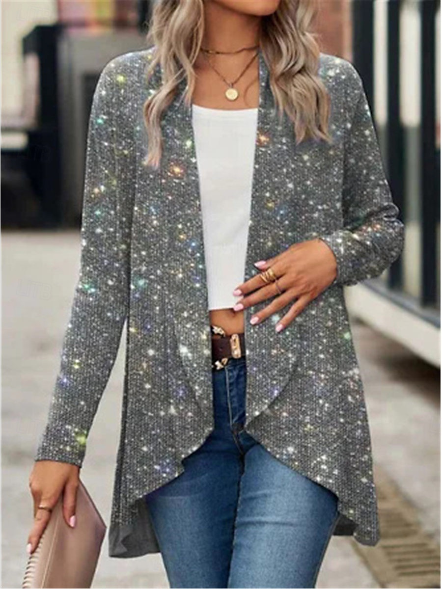 Per donna Giacca sportiva Esterno Strada Da tutti i giorni Autunno Inverno Standard Cappotto Standard Tenere al caldo Traspirante Moda Informale Giacca Manica lunga Liscio Con lustrini Argento Nero del 2025 a $28.99 –P2