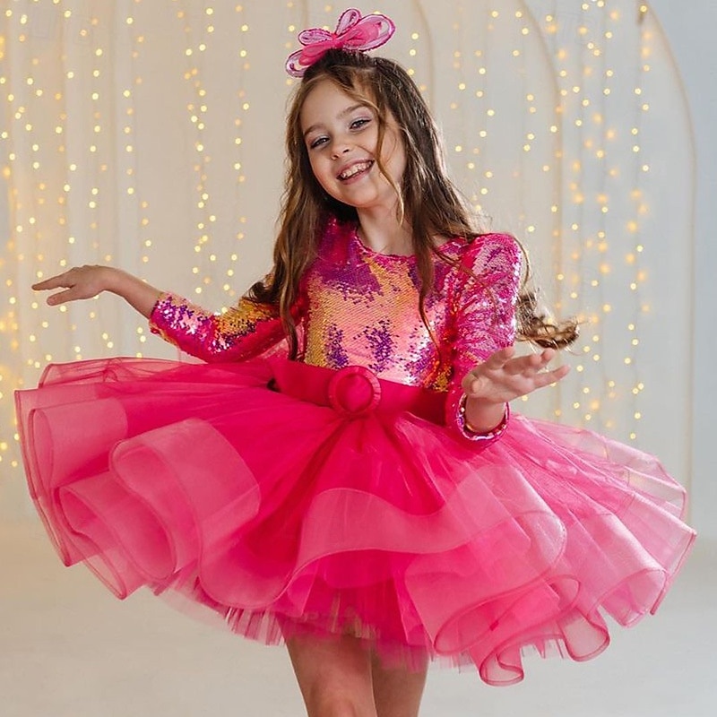 kinderkleidung Mädchen Party Kleid Feste Farbe Langarm Leistung Gitter Prinzessin Süß Gitter Mitte der Wade Etuikleid Tüll-Kleid Sommer Frühling Herbst Kinder Rosenrot 2025 - $80.99 –P1