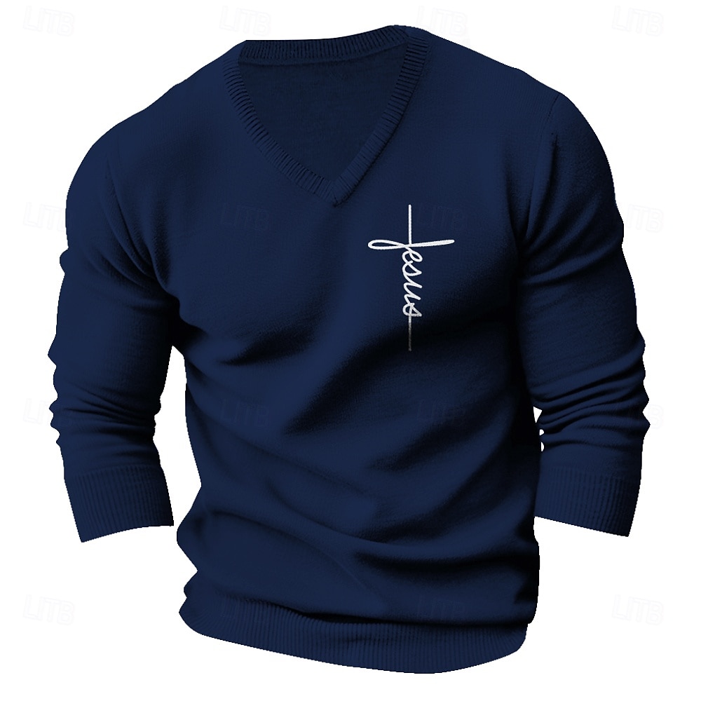 Men's Faith Pullover Sweater Jumper V Neck Casual Party Evening Wear Daily Embroidered Knitting Warm Long Sleeve Fall Winter Wine Black Dark Navy 2025 - $37.99 –P2