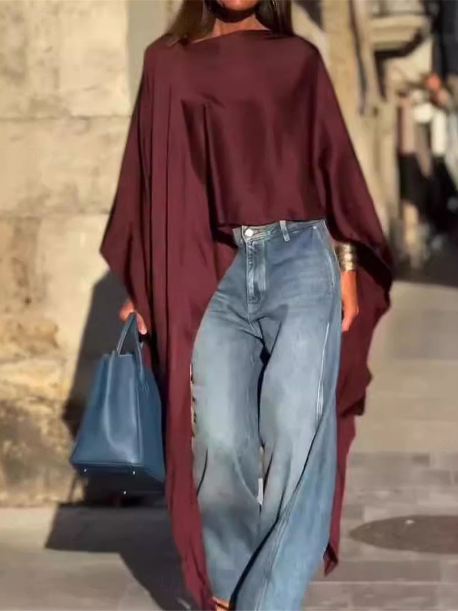 Dames Overhemd Blouse Effen Kleur Basic Casual Lange mouw Assymmetrisch Bandje Lange tops Dagelijks Uitgaan Asymetrische zoom Wit Wijn blauw Herfst Winter 2025 - $29.99 –P1
