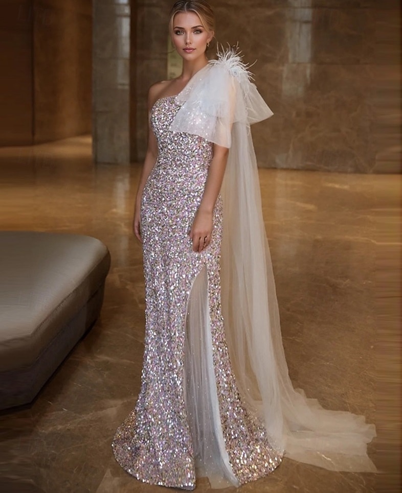Mermaid Trumpet Sweep Brush Train Prom Dresses Elegant High Split Sleeveless One Shoulder Prom Wedding Tulle with Feather Glitter 2026 - $114.99 –P2
