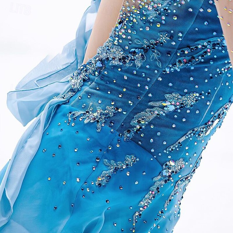 Figure Skating Dress Women's Girls' Ice Skating Dress Sky Blue Patchwork Thumbhole Mesh Spandex Stretchy Training Practice Professional Skating Wear Thermal Warm Crystal / Rhinestone Long Sleeve Ice 2025 - $343.39 –P3