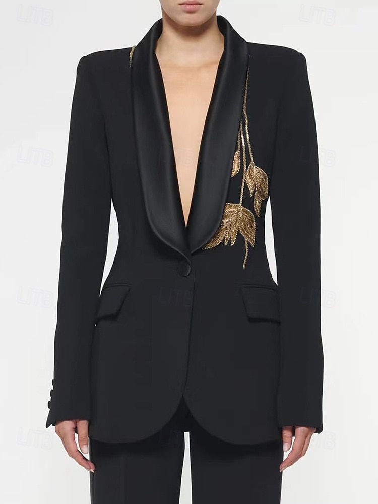 Tuxedo noir et blanc Tuxedo deux pièces Mère de la mariée pantalon blazer costumes vintage formel mariage manches longues col haut avec paillettes et franges de 2025 ? $179.99 –P2