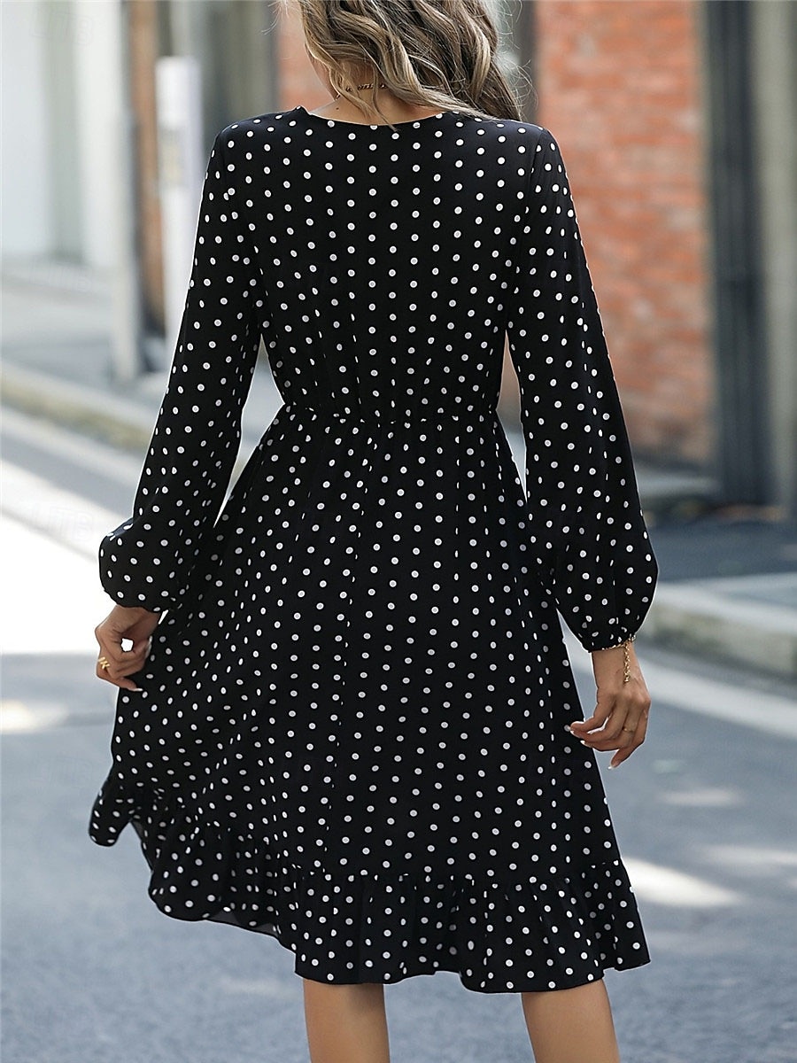 abito midi a pois con scollo a V e maniche lunghe primavera autunno del 2025 a $35.99 –P2