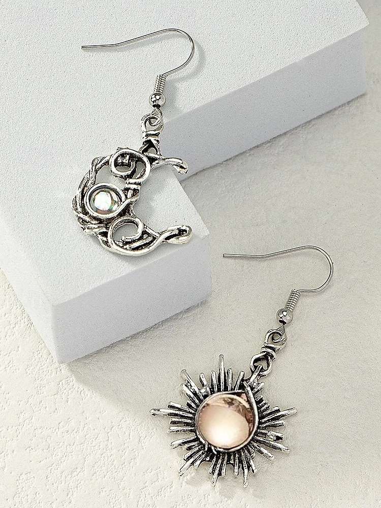 Vintage Sun and Moon Dangle Earrings - Silver-Tone Celestial Jewelry with Pearl and Crystal Accents for Women, Perfect for Boho and Casual Looks 2025 - $10.44 –P5