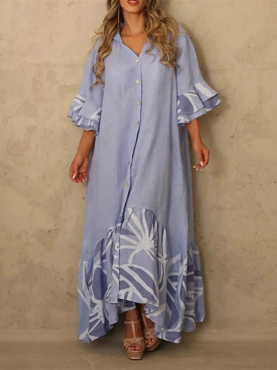 Naisten Pitkä mekko Maxi mekko Pellava-inspiroidut mekot Paitamekko Rento mekko Painatus mekko Katutyyli Vapaa-aika ulko- Päivittäin Bile Loose Fit Geometria 3/4 hiha Paitapuserokaula-aukko Valkoinen 2025 - $36.99 –P6