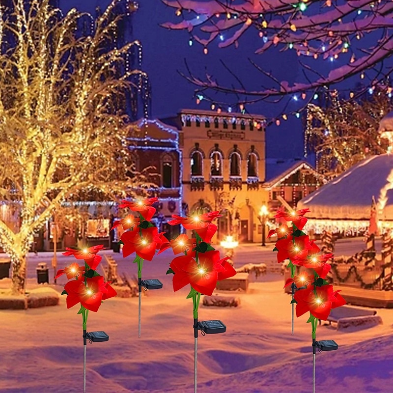 2 stk jule solenergi julestjerne stakes lys, sol rødt blomsterlys hage utendørs vanntett landskapslampe vanntett julefest hjem hage park sti dekorasjon 2025 - $42.99 –P2