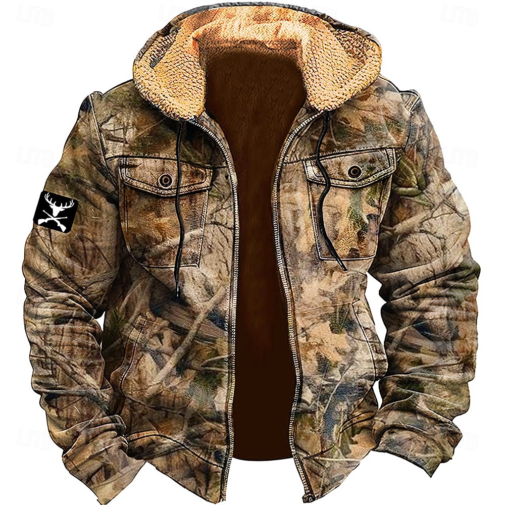 Men's Camo / Camouflage Cowboy Fleece Hoodies Hoodie Hooded Sweatshirt Hooded Daily 3D Print Holiday Streetwear Brown Zipper Pocket Fall Winter Designer 2025 - $40.99 –P1