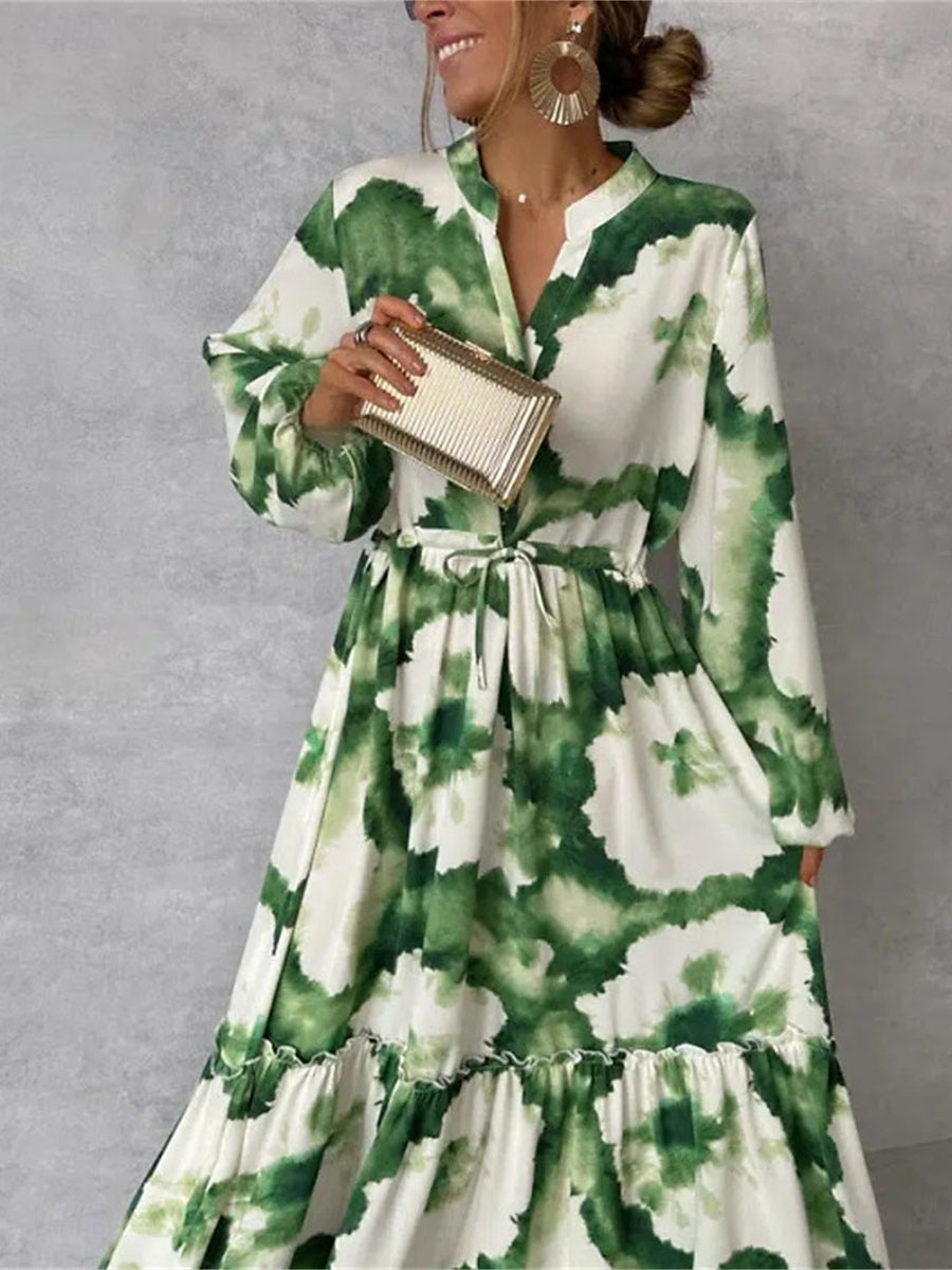 Damen Blumen Maxikleid mit Schlitz am Hals Langarm Sommer Frühling 2025 - $57.99 –P4