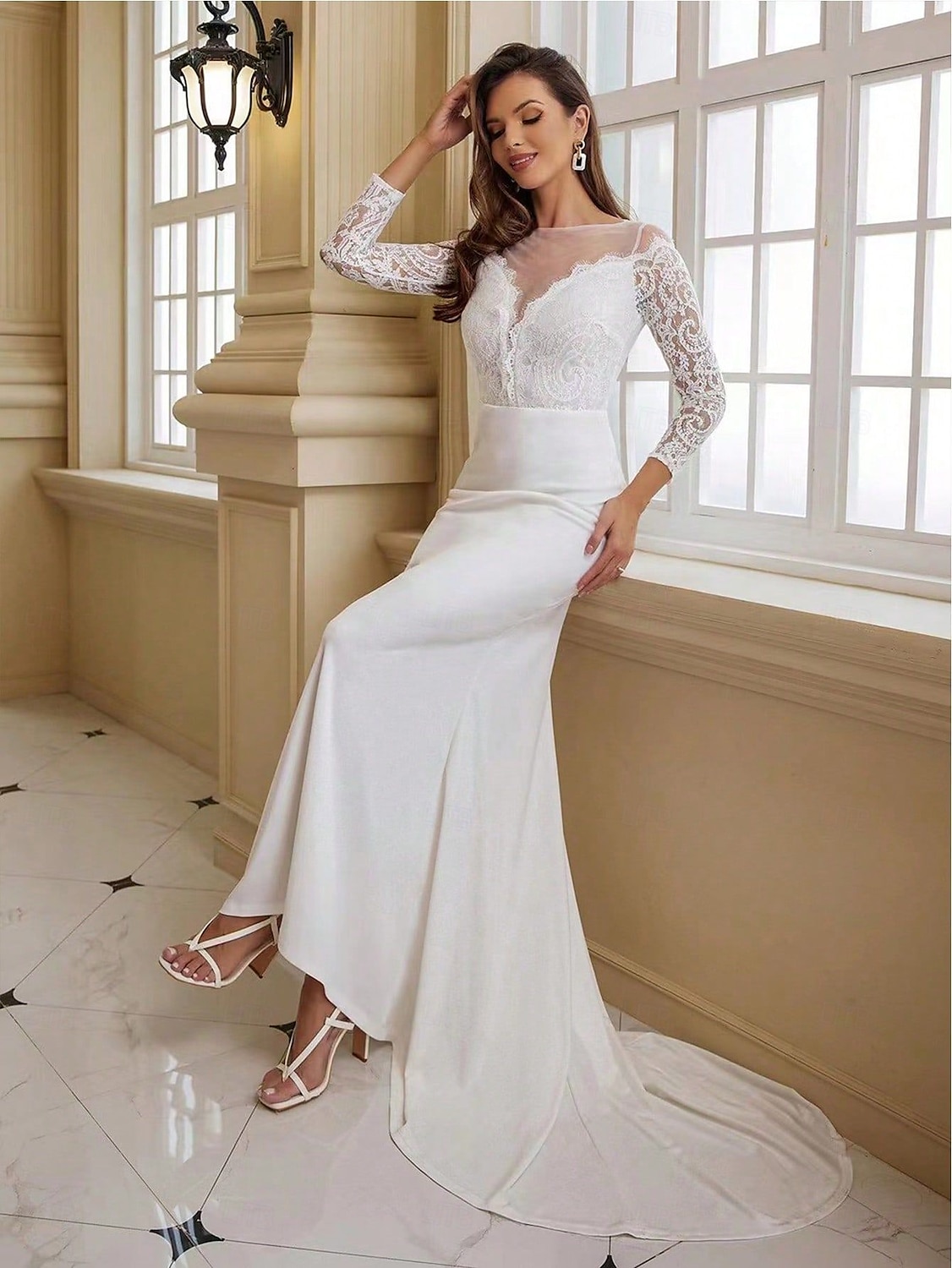 Brautkleider Meerjungfrau/Trompete Illusionsausschnitt Langarm Bodenlange Brautkleider aus Spitze mit Applikationen 2025 2025 - $126.99 –P4