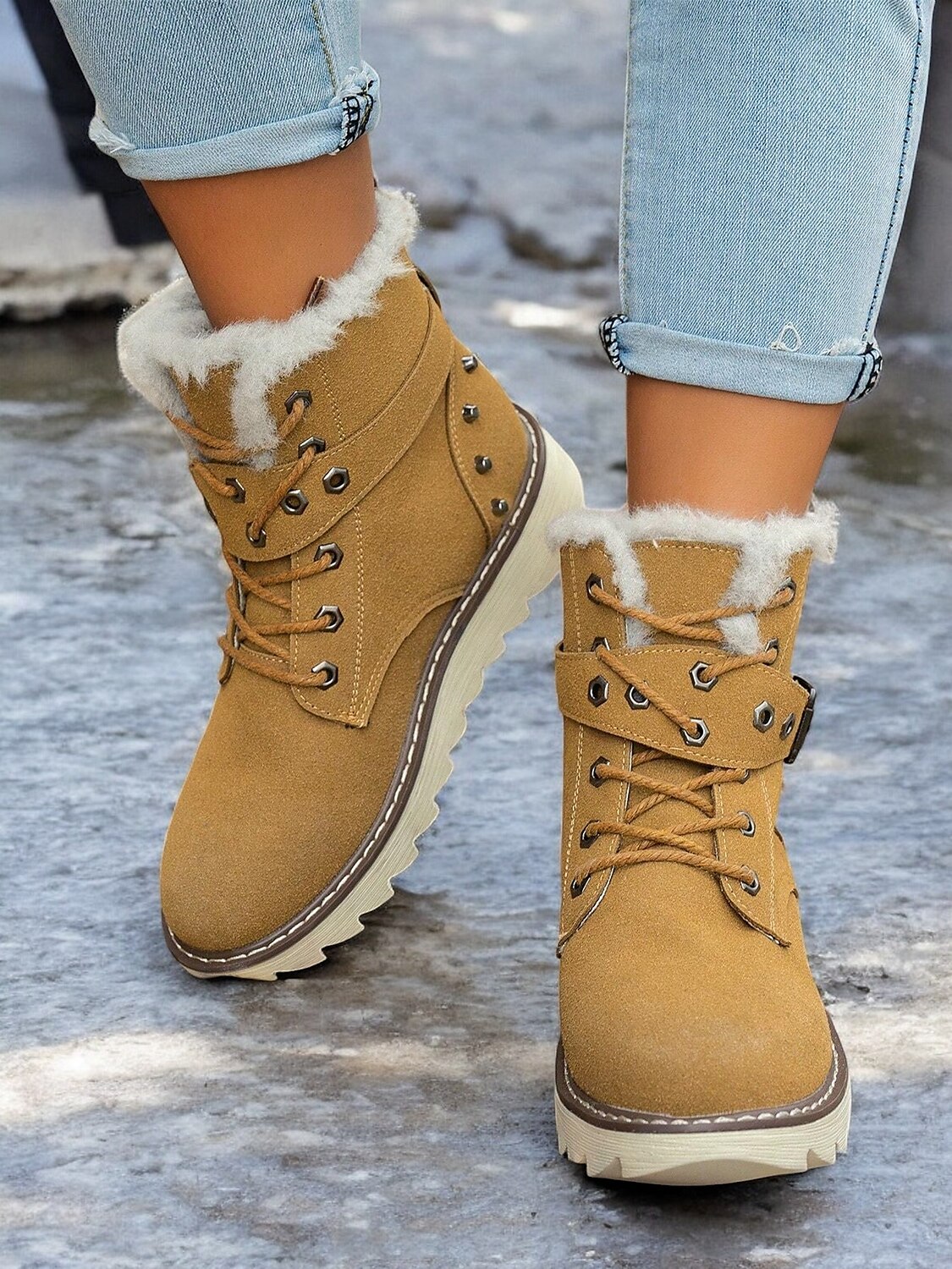 Botas de nieve de invierno para mujer de color marrón con forro de piel sintética: botas cálidas y aislantes para exteriores con detalle de hebilla y suela antideslizante para clima frío 2025 - $46.99 –P2