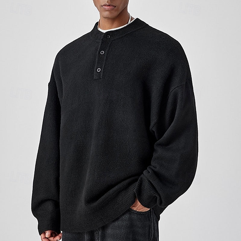 Men's Pullover Sweater Jumper Knit Sweater Pullover Polo Sweater Ribbed Knit Regular Knitted Plain Henley Fashion Basic Vacation Daily Wear Clothing Apparel Fall & Winter Black Light Grey M L XL 2025 - $23.99 –P17