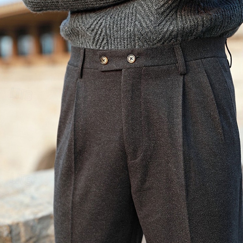Men's Dress Pants Woolen Pants Trousers Pleated Pants Suit Pants Pocket Plain Comfort Soft Full Length Party Business Daily Elegant Fashion Dark Gray Beige 2025 - $28.99 –P2