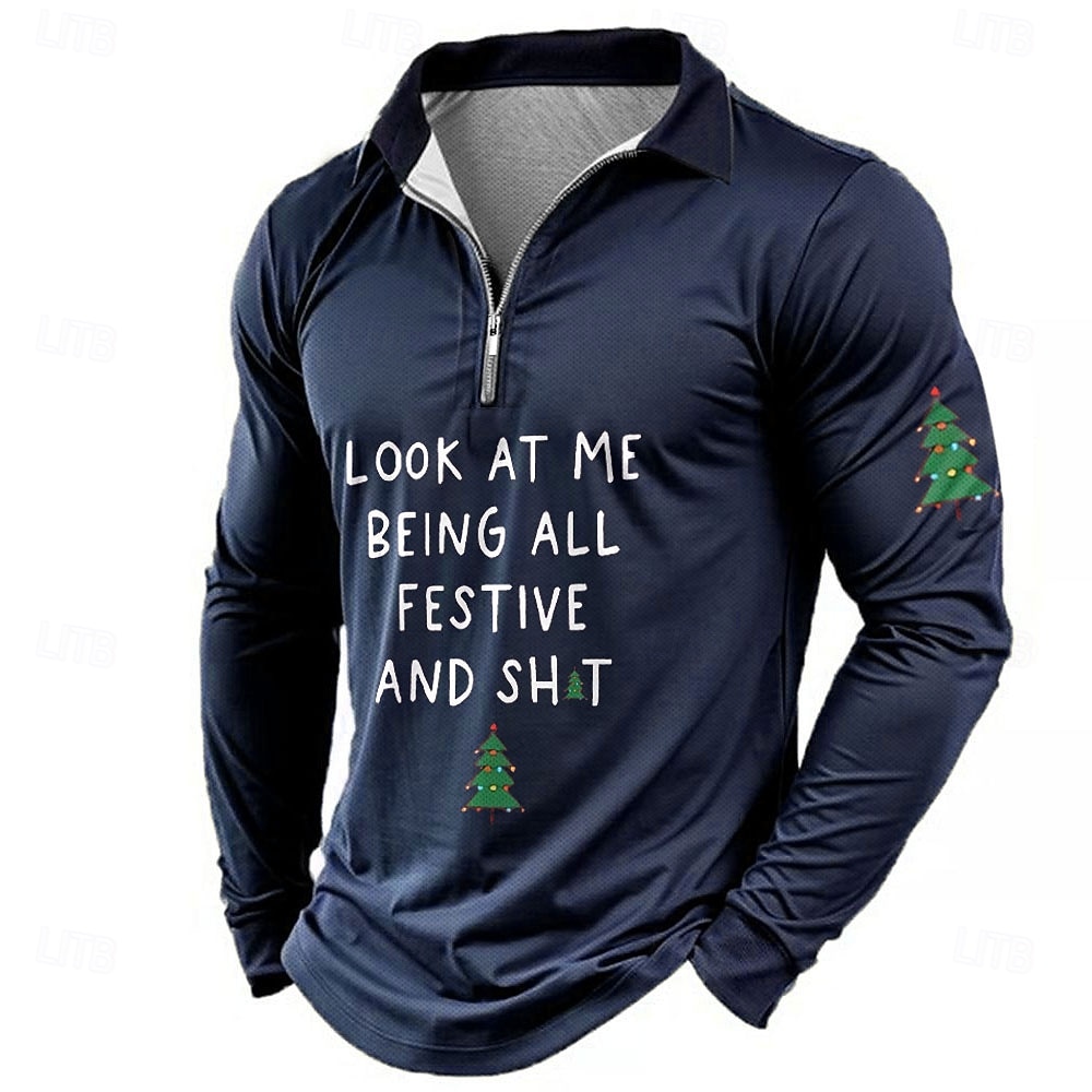 Jul Herr Julgran Zip Polo Långärmad Polotröjor Krage Semester Festkvällskläder Nyårsskjortor 3D-utskrift Vår Höst vinter Svart Rubinrött Blå 2025 - $25.99 –P3