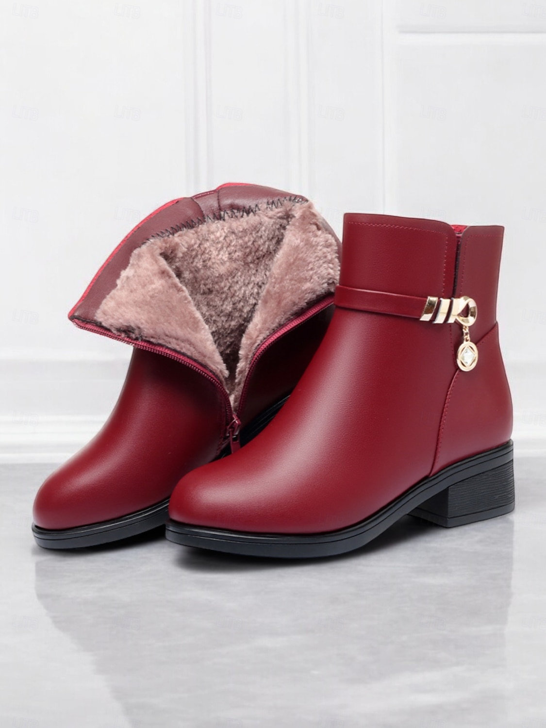 botins femininos pretos - couro sintético com forro de pelúcia, zíper lateral e salto bloco para moda de inverno e uso casual de 2025 por $42.99 –P10