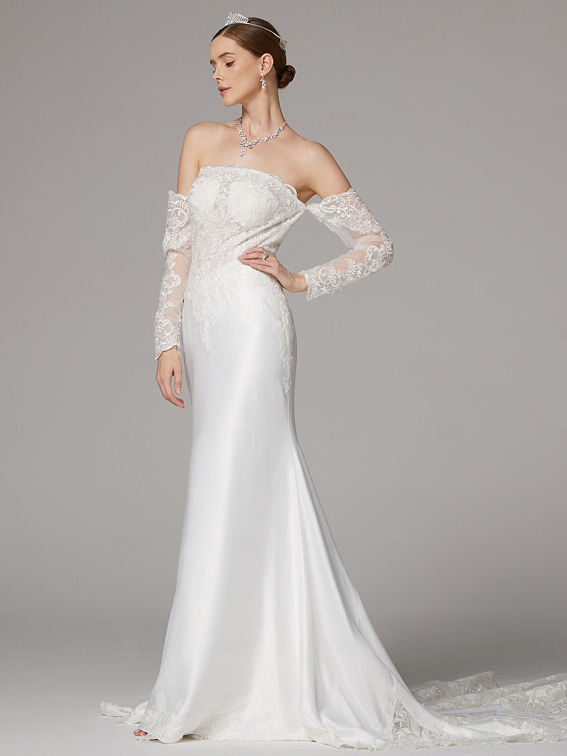 abiti da sposa sirena / tromba abiti separati abiti separati lunghezza pavimento strascico corte abiti da sposa in raso con applicazioni ricamate 2025 del 2025 a $221.99 –P7