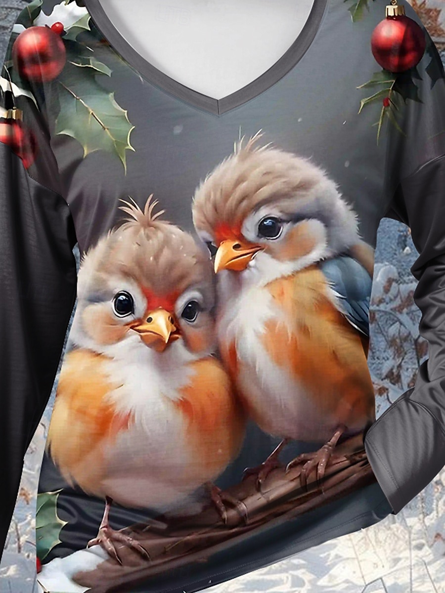 Dam T-shirt Djur Fågel Ledigt Långärmad V-hals Vanliga toppar Dagligen Mönster Mörkgrå Vår & Höst 2025 - $27.99 –P3