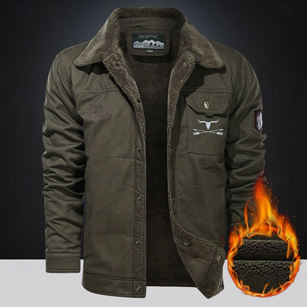 Men's Cow Print Embroidered Fleece Jacket Sherpa Trucker Jacket Work Cargo Jacket Turn-Down Collar Warm Winter Cotton Jacket Vintage Casual Going Out Coat Multi-Pockets 2025 - $52.99 –P4
