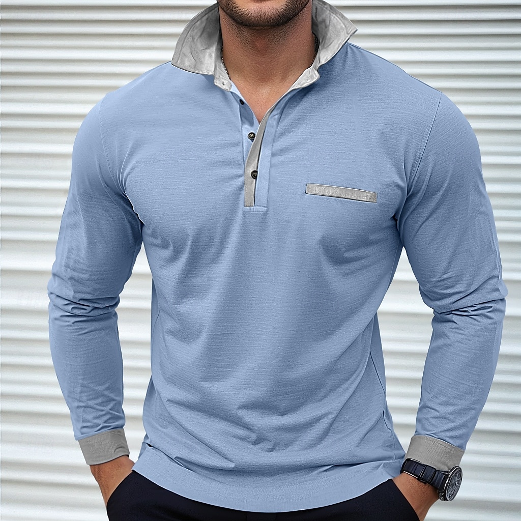 Herren Poloshirts Golf Poloshirts Strasse Geschäft Kargen Klassisch Langarm Modisch Basic Patchwork Tasche Farbblock Herbst Winter Jahreszeiten Regular Fit Hellblau Babyblau Schwarz Weiß Burgunderrot 2025 - $26.99 –P1