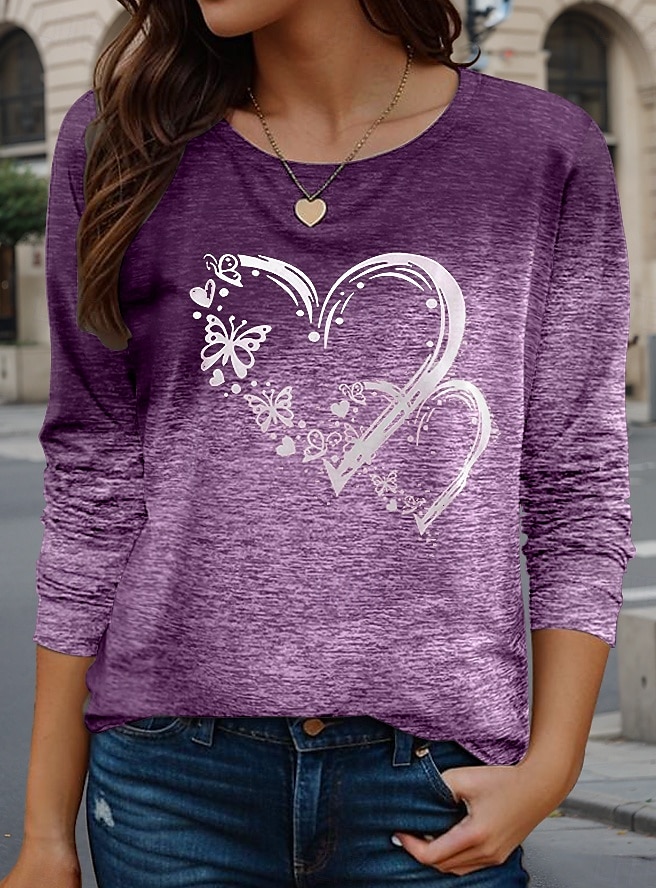 Valentine Dame Hjerte T Skjorte Casual Vanlige topper Lang erme Crew Neck Print Vanlig passform Daglig Lilla Vår Høst 2025 - $22.99 –P1