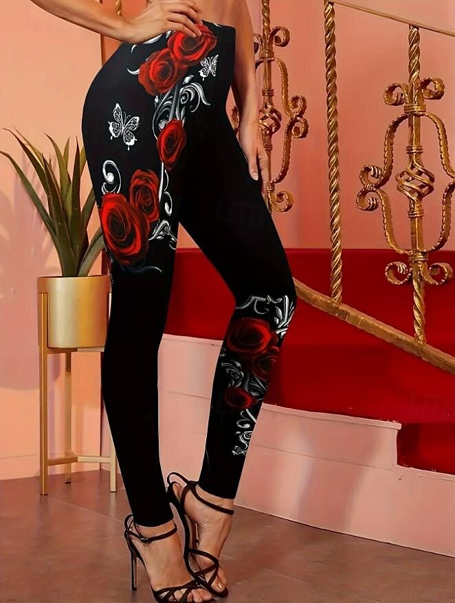 Leggings Femininas Calças de Moda Estilo de Rua Comprimento Total Cintura Alta Estampas de Rosas Térmicas Quentes Respirável Macio Microelástico Para o Dia a Dia Preto Outono Inverno Ajuste Regular de 2025 por $18.99 –P3
