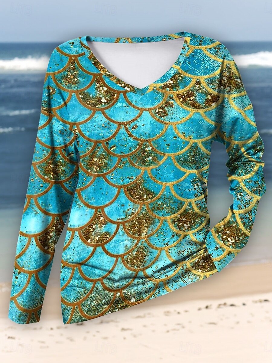 Per donna maglietta Color Block Informale Manica lunga A V Maglie lunghe Giornaliero Fine settimana Stampa Blu Autunno Inverno del 2025 a $24.99 –P1