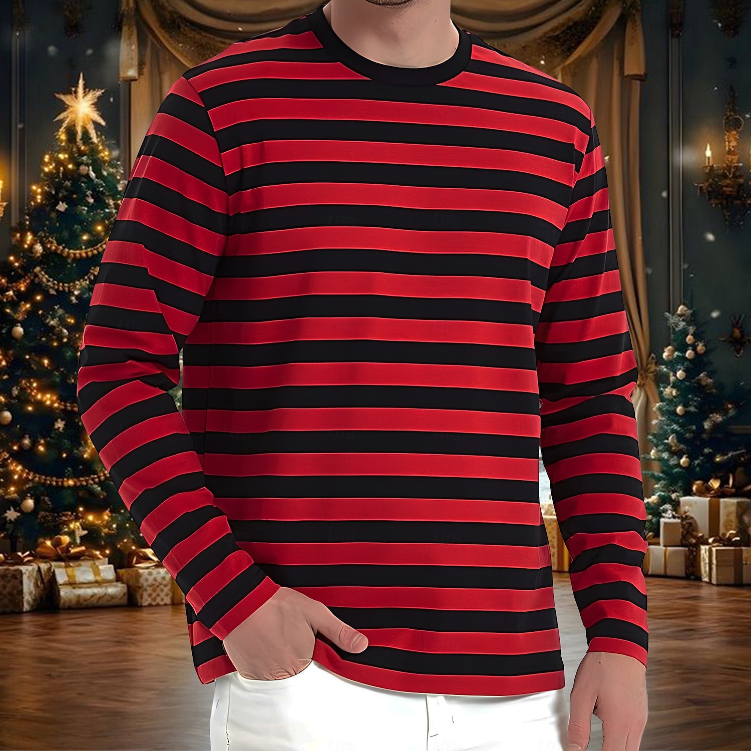 Weihnachten Herren Gestreift T Shirt Langarm T-Shirt 3D-Druck Rundhalsausschnitt Hemd Täglich Designer Brautkleider schlicht Strasse Casual Rote Sommer Frühling Herbst Bekleidung S M L XL XXL XXXL 2025 - €15.99 –P1