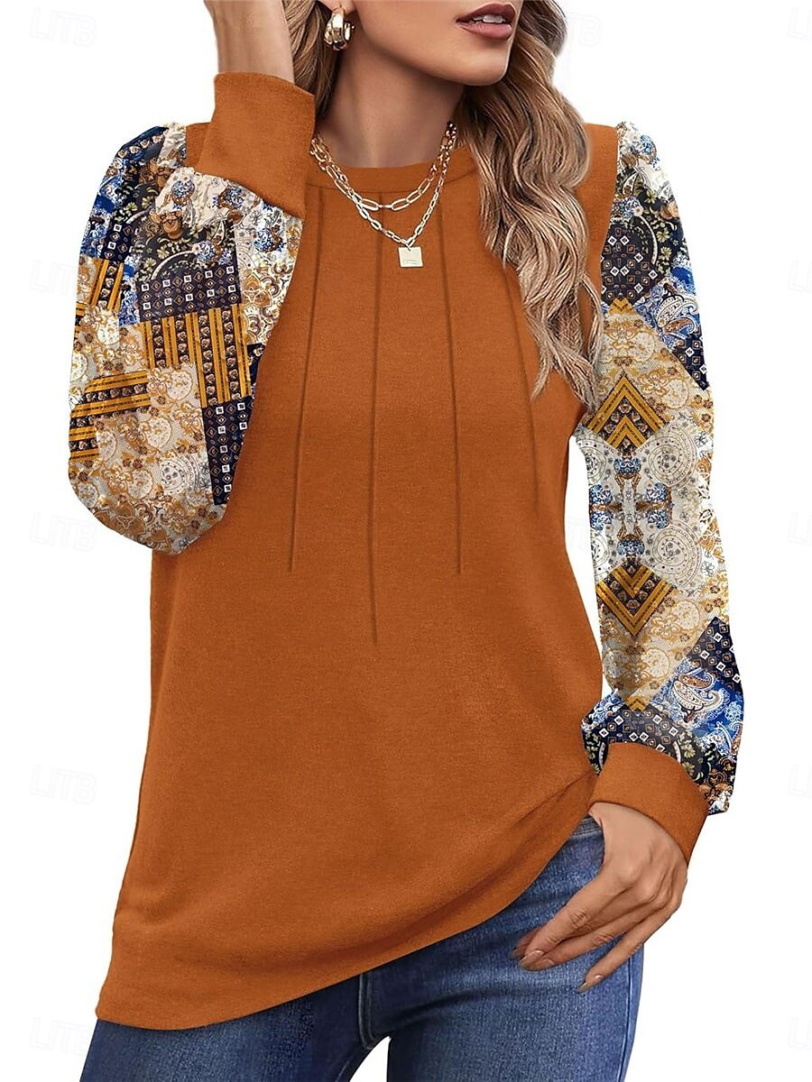 Per donna Camicia Blusa Floreale Informale Manica lunga Girocollo Top regolari Giornaliero Collage Stampa Nero Marrone Autunno Inverno del 2025 a $29.99 –P3