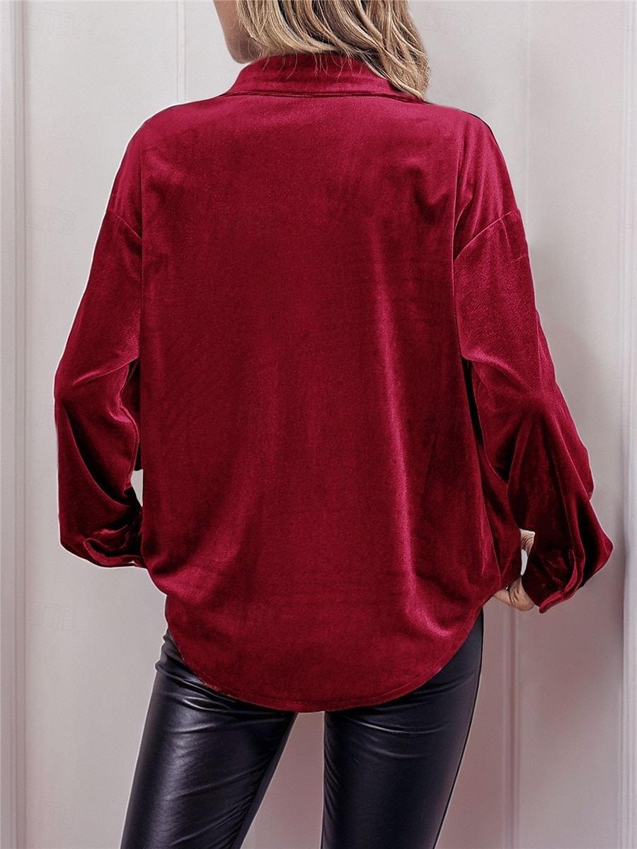 Dames Overhemd Blouse Effen Kleur Basic Casual Lange mouw V-hals Normale tops Dagelijks Lapwerk Knop Zak Wijn Bruin Groen Herfst Winter 2025 - $36.99 –P4