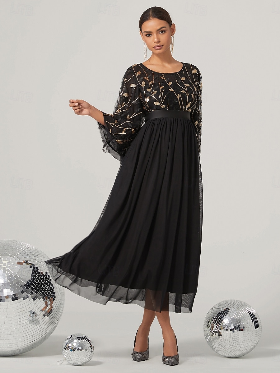A-Linien Abendkleid Elegantes Kleid Hochzeit Hochzeitsgast Knöchellang 3/4 lange Ärmel Juwelkragen Nylon mit Glitzer 2025 - $170.99 –P1