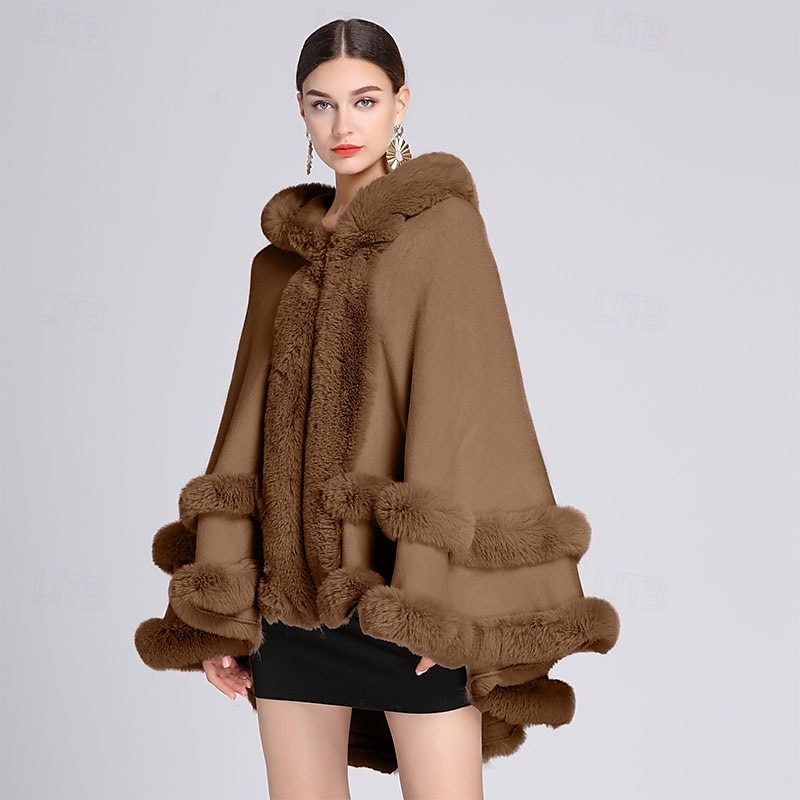 mulheres com capuz poncho capa xale de pele sintética envoltório com acabamento de pele cardigan sem mangas elegante capa moda tops casaco de 2025 por $93.99 –P12