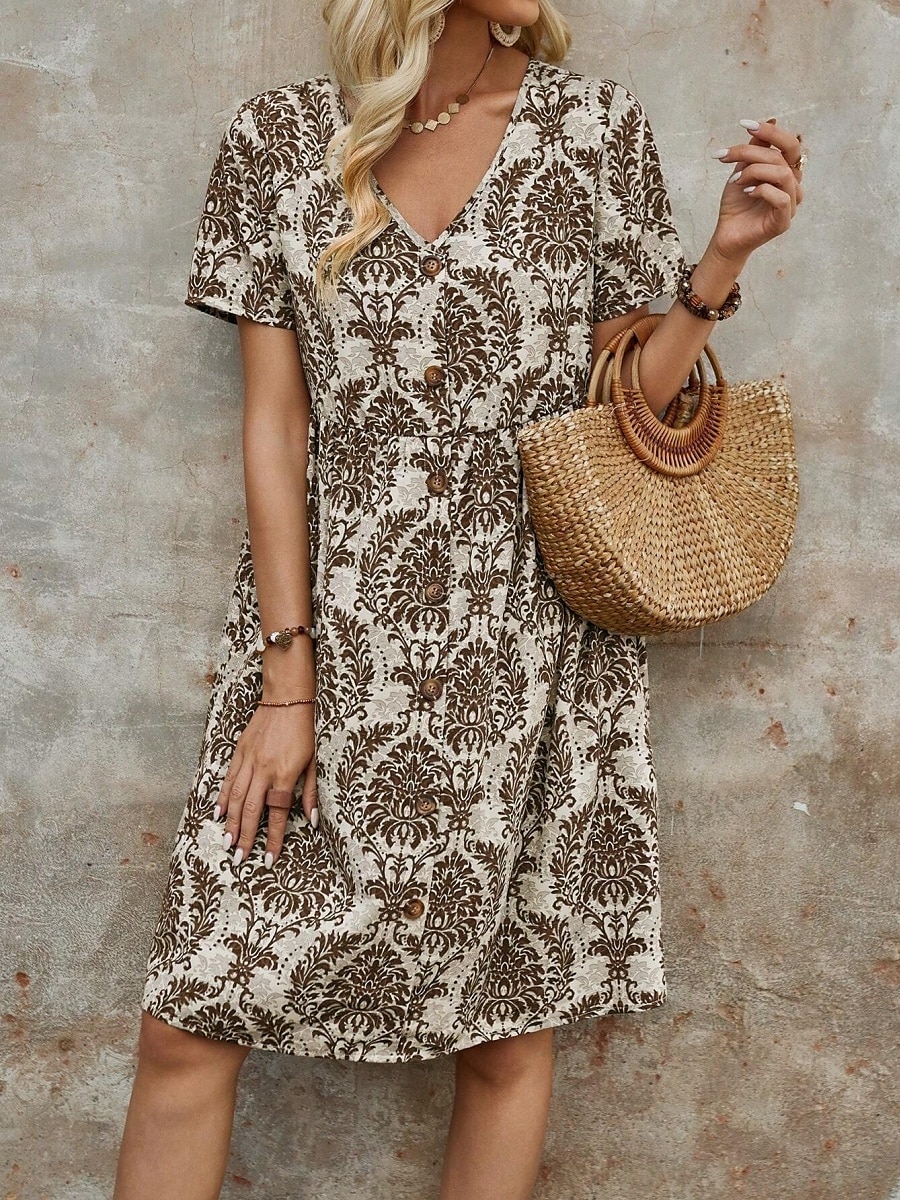 Femme Mini robe Robe casual robe boheme Rétro Vintage Décontractées du quotidien Standard Floral Manche Courte Col V Bleu Marron Vert Eté Printemps Automne de 2025 ? $35.99 –P10
