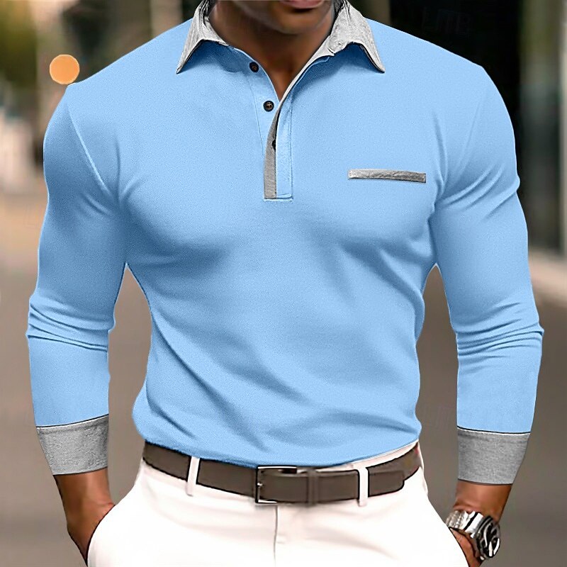 Herren Poloshirts Golf Poloshirts Strasse Geschäft Kargen Klassisch Langarm Modisch Basic Patchwork Tasche Farbblock Herbst Winter Jahreszeiten Regular Fit Hellblau Babyblau Schwarz Weiß Burgunderrot 2025 - $26.99 –P8