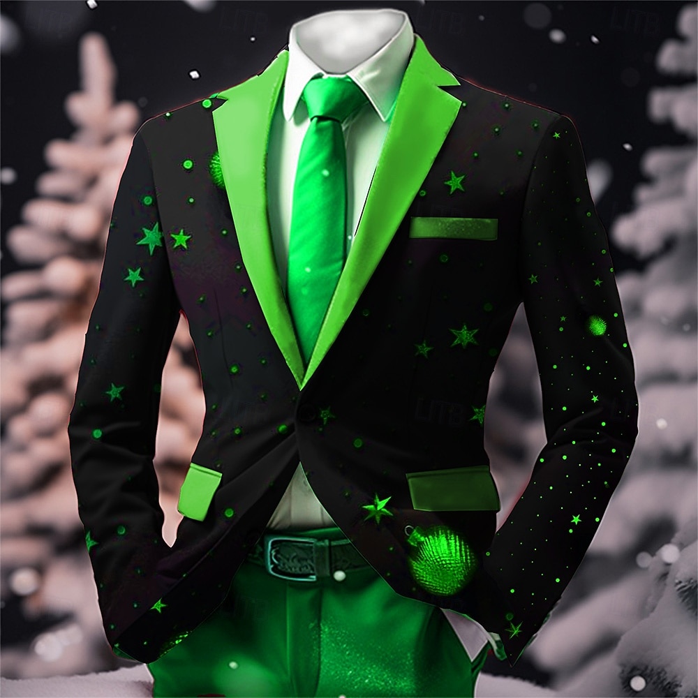 2025年 男性用 クリスマス柄 ブレザージャケット コート 快適 高通気性 アーティスティック カジュアル パーティーイブニングウェア 日常 祭り 3Dプリント ボタン マルチポケット 秋冬 折襟 長袖 ルビーレッド グリーン  コレクション – $64.99 –P3