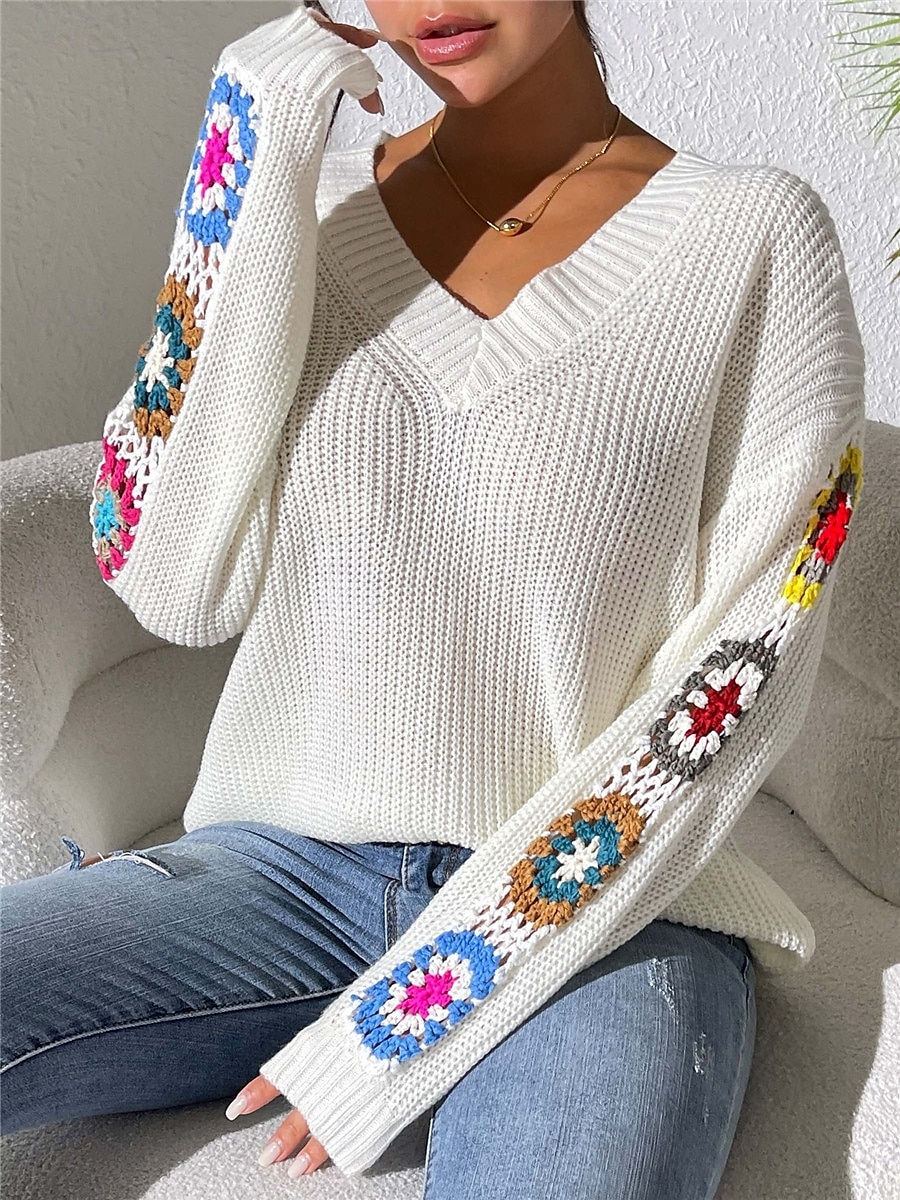 Per donna Felpa Informale Morbido Floreale Uncinetto A V Lavorato a maglia Manica lunga Top regolari Maglia Esterno Giornaliero Fine settimana Nero Bianco Autunno Inverno del 2025 a $31.99 –P9