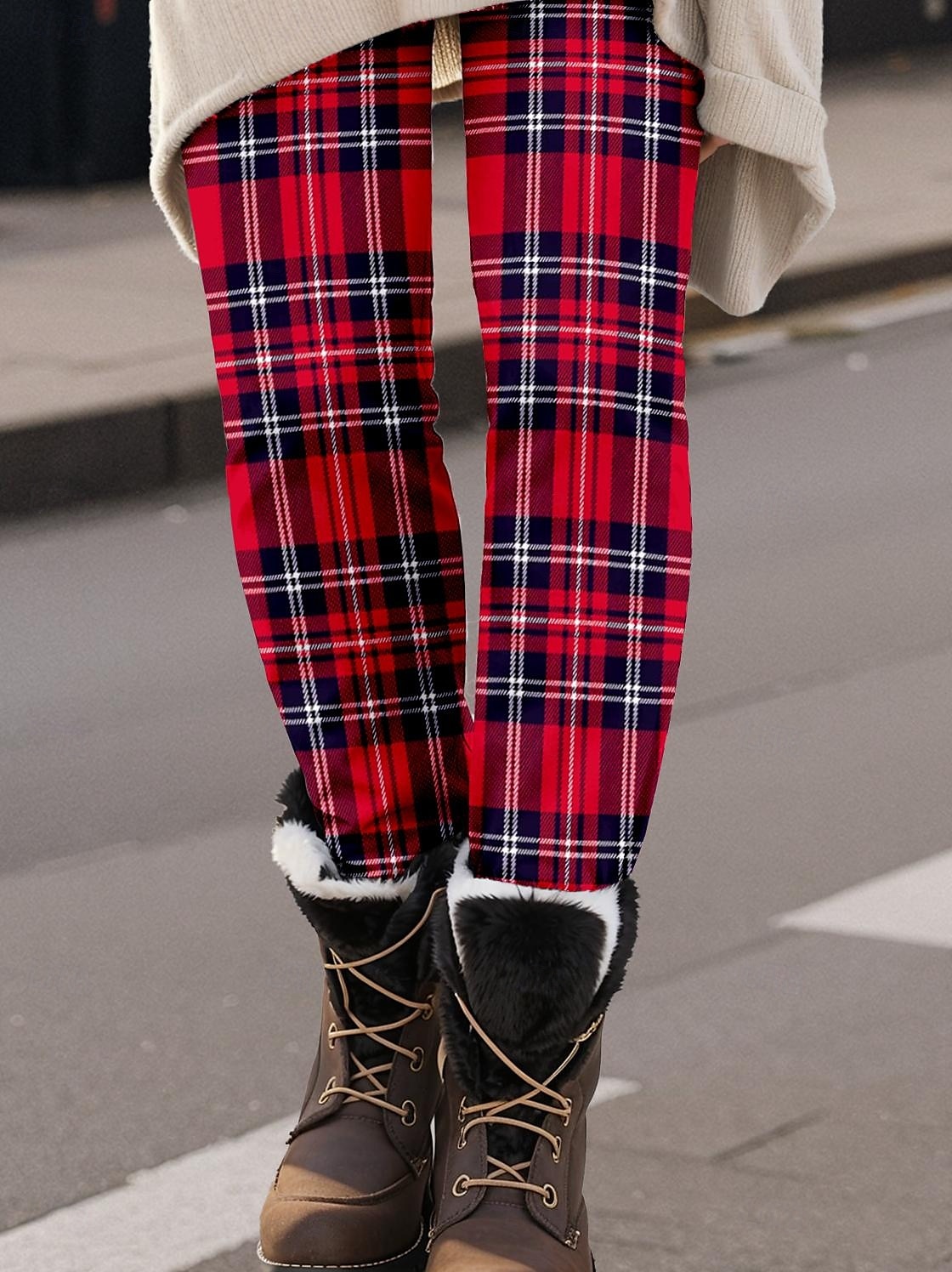 Damleggings Byxor Mode Streetwear Hela längden Hög midja Rutigt tryck Termisk Varm Andningsbar Mjuk Mikroleastisk Utomhus Daglig Vin Höst Vinter Regular Fit 2025 - $19.99 –P1