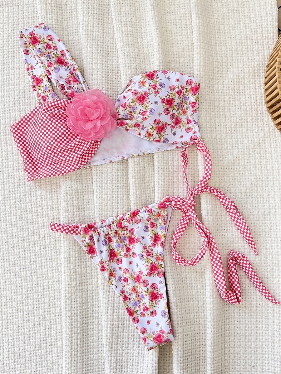Dam Badkläder Bikini 2 st Kaxig Baddräkt Öppen rygg Smal Semester Standkläder Blommig Halterneck Ärmlös Baddräkter 2025 - $25.99 –P2