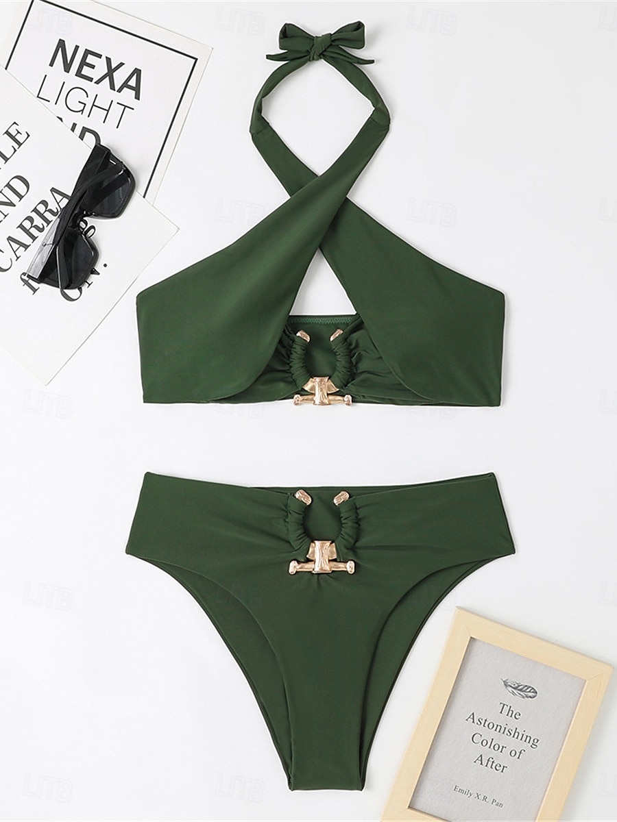 Dames Zwemkleding Bikini 2 stuks Brutaal Zwempak Blote rug Hoge taille Slank Vakantie Strand Kleding Effen Kleur Halternek Mouwloos Badpakken 2025 - $28.99 –P7